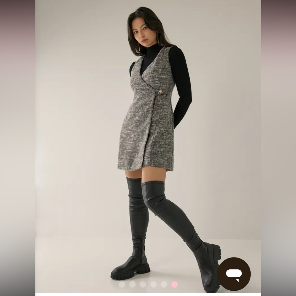 Love Bonito Cheyenne Tweed Sleeveless Black/ White Wrap Mini Dress, Size 8